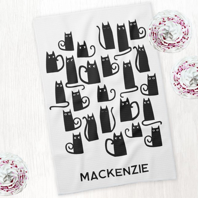 Linge De Cuisine Fun Black Cats Nom personnalisé (Fun black cat personalized kitchen tea towel)