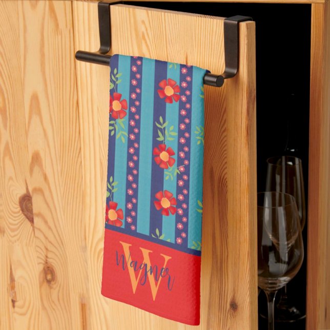 Linge De Cuisine Fun Floral Stripe Stylé Personnalisé Nom initial (Créateur téléchargé)