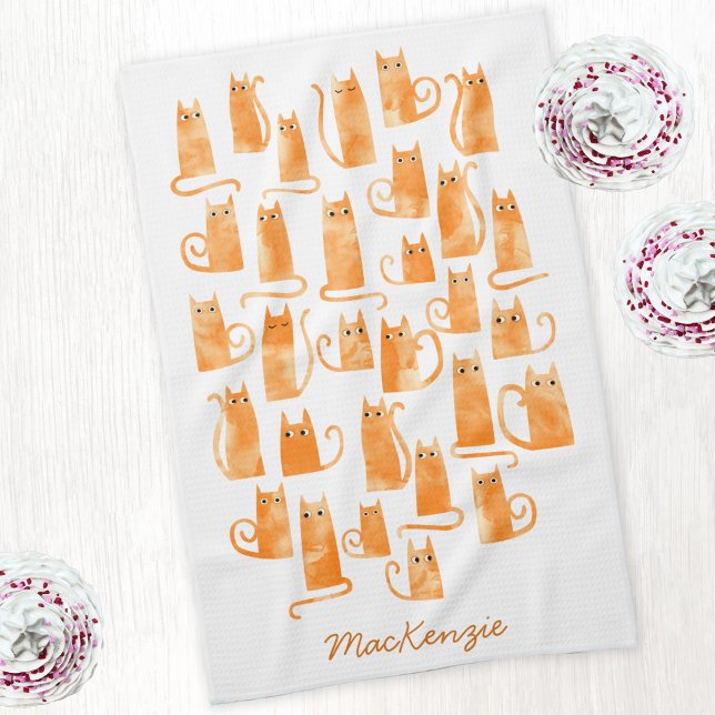 Linge De Cuisine Fun Orange Ginger Chat Personnalisé (Orange ginger cat watercolor personalized custom name kitchen tea towel)