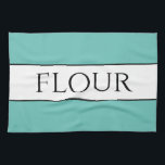 Linge De Cuisine Fun Retro Lumière Turquoise Noir Blanc FLEURS<br><div class="desc">Ce design amusant de table de cuisine colorée présente du texte de FLOUR à l'intérieur d'une large bande blanche centrale surlignée de rayures noires contre des rayures extérieures d'aqua turquoises lumineuses. Le texte peut être personnalisé.</div>