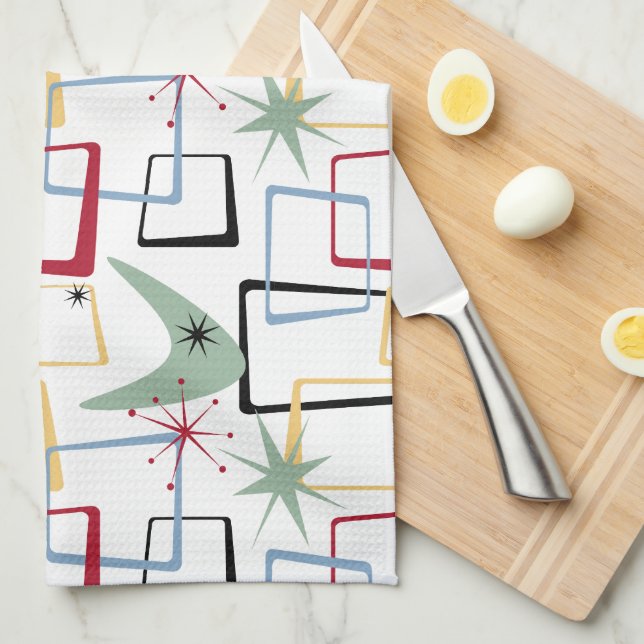 Linge De Cuisine Funky Atomic Stars Boomerang Carré milieu du siècl (Quart Plié)
