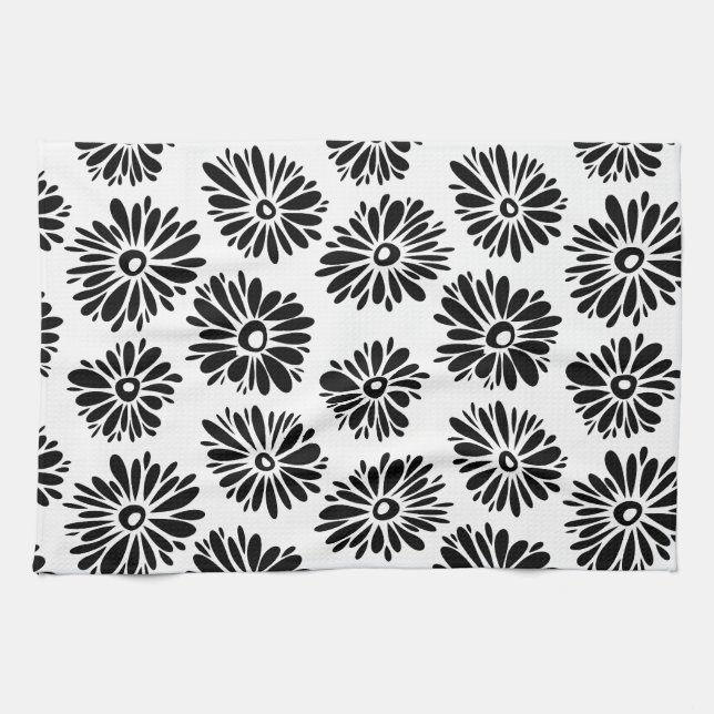 Linge De Cuisine Funky Black et blanc floral (Horizontal)