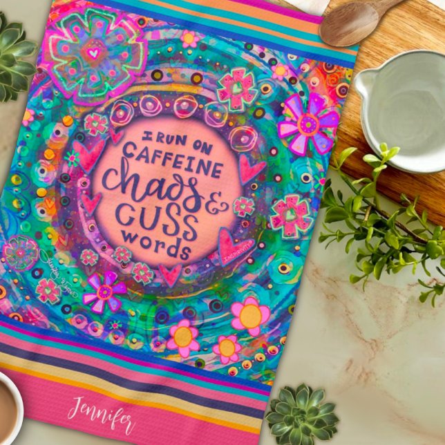 Linge De Cuisine Funny Caffeine Chaos Cuss Mots Floral Nom de la ba (Créateur téléchargé)