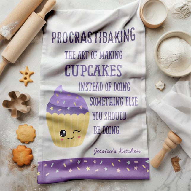 Linge De Cuisine Funny Kawaii Cupcake Procrastibaking (This hilarious and ultra cute kawaii cupcake towel design is an absolute “deal-baker”)