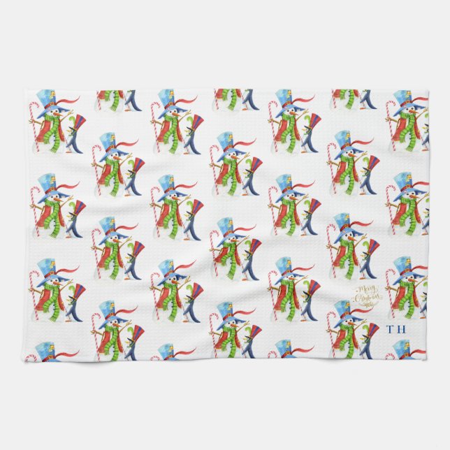 Linge De Cuisine Funny Snowman Penguin Gold Parties scintillant Joy (Horizontal)
