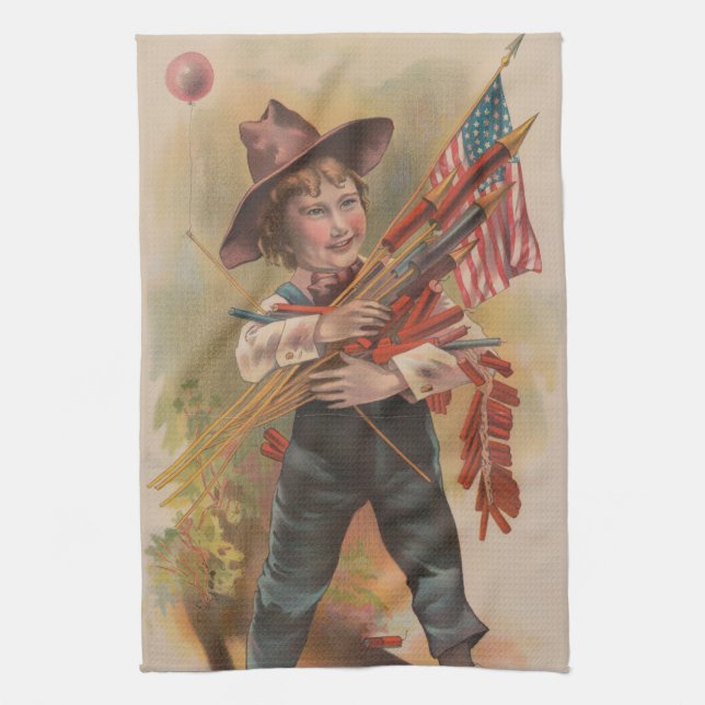 Linge De Cuisine Garçon avec Feux d'Artifice, Drapeau Américain, Im (Vertical)