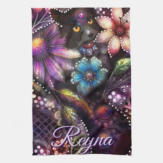Linge De Cuisine Garden Kitty Cat Floral Abstract Personalized (Vertical)