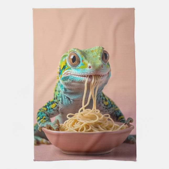 Linge De Cuisine Gecko Drôle Manger Spaghetti (Vertical)