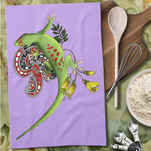 Linge De Cuisine Gecko Tribal Lavande Rouge Vert