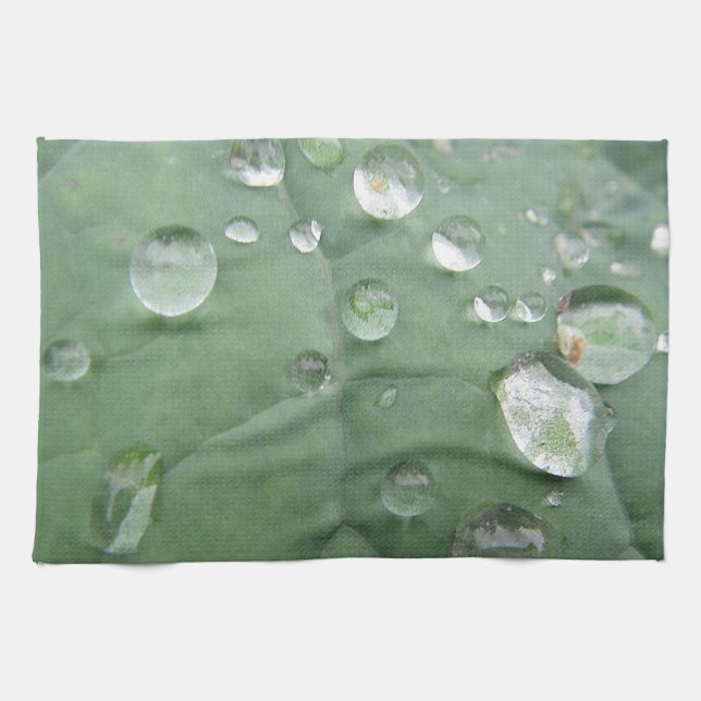 Linge De Cuisine Geschirrtuch Wassertropfen auf grau-grünem Blatt (Horizontal)