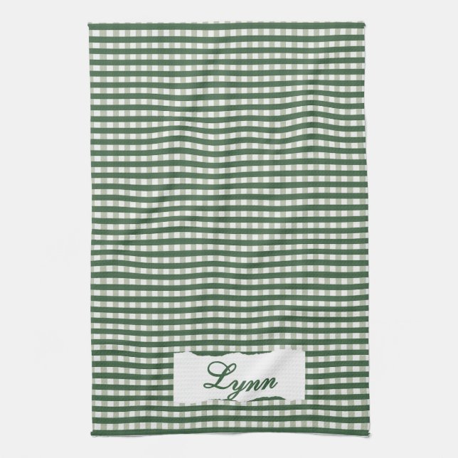Linge De Cuisine Gingham Vert Classique & Blanc | Nom Personnalisé (Vertical)
