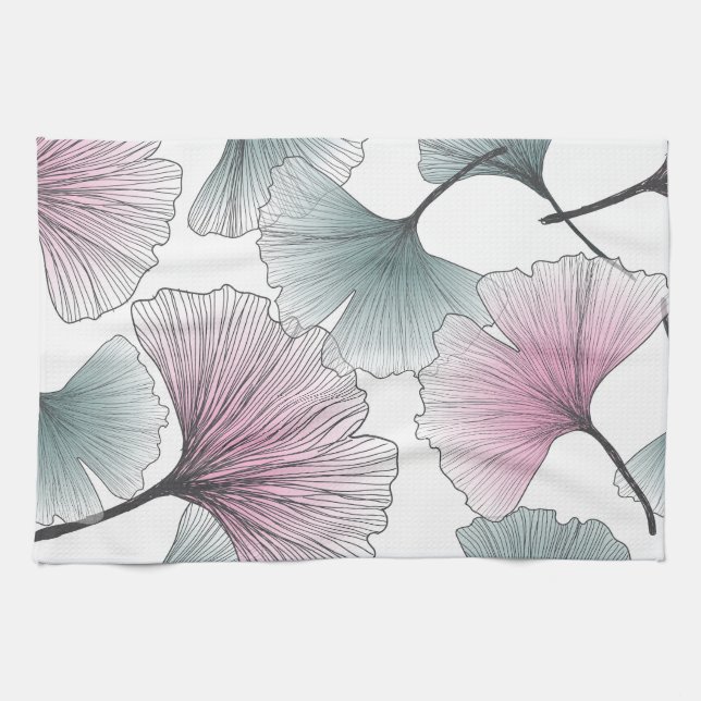 Linge De Cuisine Gingko biloba dessiné à la main. (Horizontal)