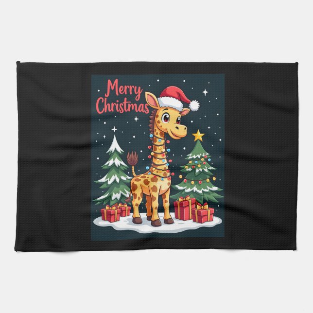 Linge De Cuisine Giraffe Joyeux sapin de Noël Éclairage Père Noël G (Horizontal)