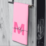 Linge De Cuisine Girly Pink Script Name Monogram<br><div class="desc">Personalized Custom Create Your Own Girly Bright Pink and Magenta Initial Name Monogram Kitchen Towel. Add a vibrant and feminine touch to your kitchen with this stylish monogrammed towel. Designed for a tri-fold style, it features a bright happy pink background, a bold magenta hot pink initial, and a flowing black...</div>