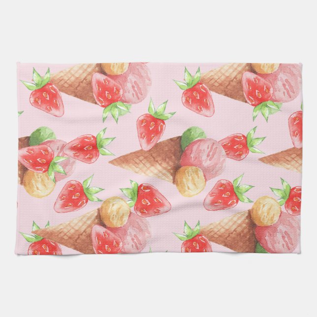 Linge De Cuisine Glace à la Fraise Sucrée Aquarelle Apro (Horizontal)
