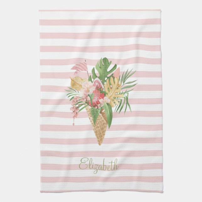 Linge De Cuisine Glace,Tropical Leaves Fruit, Rayures roses (Vertical)