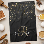 Linge De Cuisine Glam Parties scintillant or diamant étincelle Élég<br><div class="desc">Créez votre propre serviette de cuisine étincelante en diamant noir et or avec votre monogramme et votre nom personnalisés.</div>