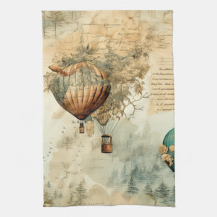 Linge De Cuisine Globe Carte du Monde Montgolfière Steampunk Sépia