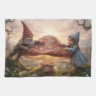 Linge De Cuisine Gnome Magique Et Fille Dans La Forêt Avec Champign