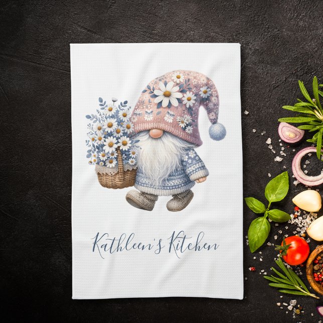 Linge De Cuisine Gnome personnalisé Fleurs de marguerite blanches j (Daisy Flowers Gnome Personalized Kitchen Towel. Bridal Shower Gift, Housewarming gift,)