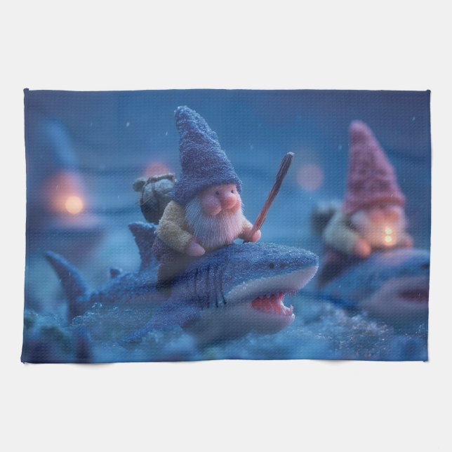Linge De Cuisine Gnomes Whimsical chevauchant des requins (Horizontal)