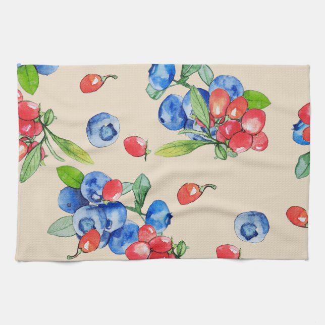 Linge De Cuisine Goji, bleuet : aquarelle motif. (Horizontal)
