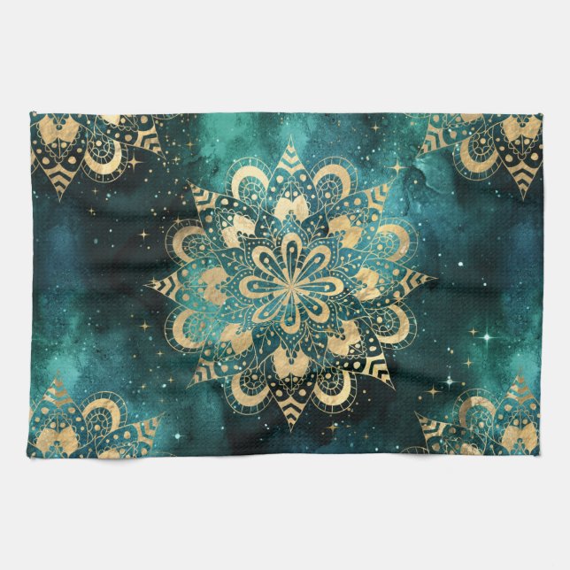 Linge De Cuisine Gold & Green Galaxy Dharma Mandala Motif (Horizontal)