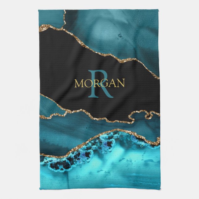 Linge De Cuisine Gold Noir & Agate Turquoise, do-it-yourself Monogr (Vertical)