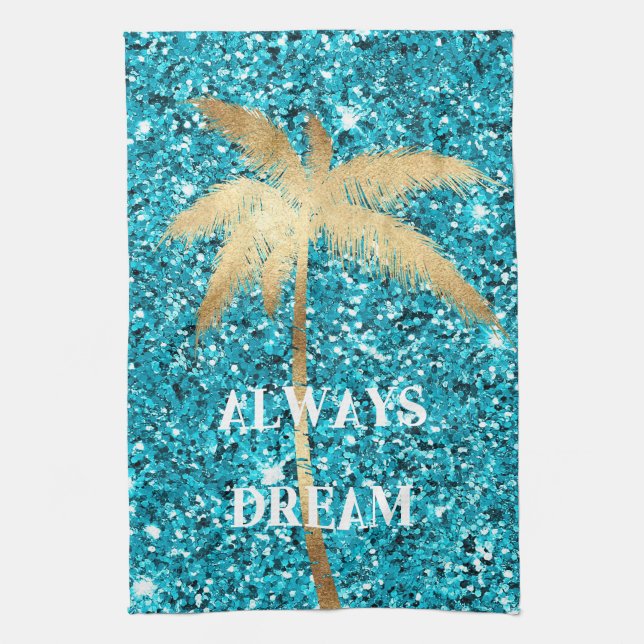 Linge De Cuisine Gold Palm Tree Dream Aqua Parties scintillant (Vertical)