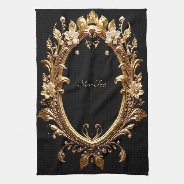 Linge De Cuisine Golden Floral Ornate Frame Kitchen Towel (Vertical)