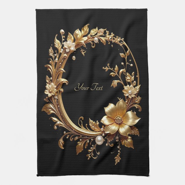 Linge De Cuisine Golden Floral Ornate Frame Kitchen Towel (Vertical)