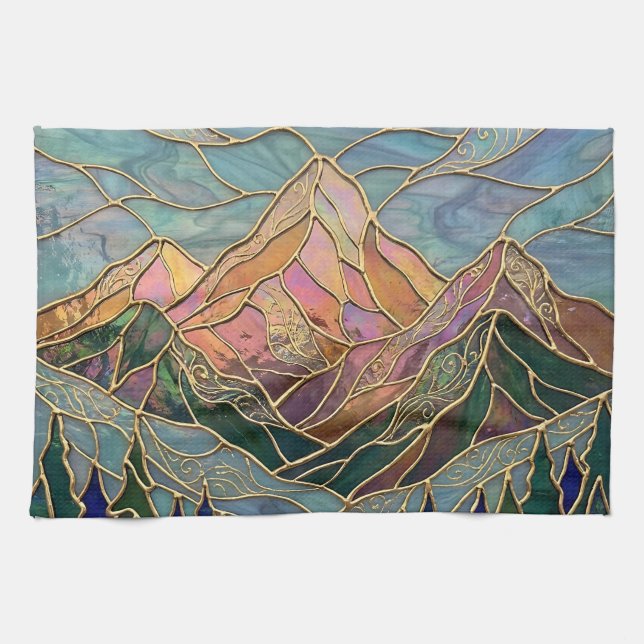 Linge De Cuisine Golden Mountain Peaks Forest Stained Glass Art (Horizontal)