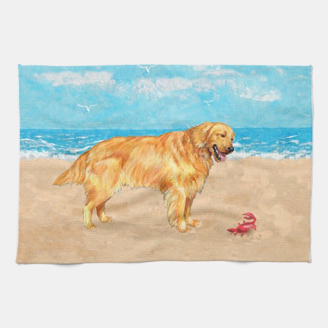 Linge De Cuisine Golden Retriever à la Plage (Horizontal)