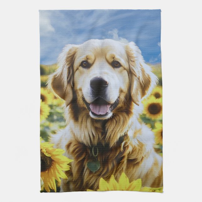 Linge De Cuisine Golden Retriever dans un champ de tournesol (Vertical)