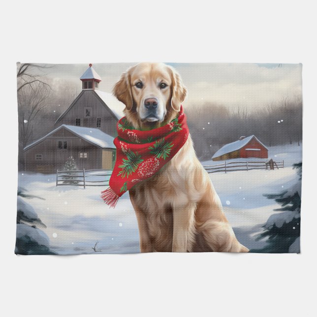Linge De Cuisine Golden Retriever Dog in Snow Christmas (Horizontal)