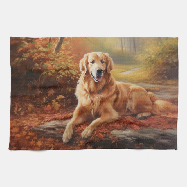 Linge De Cuisine Golden Retriever en automne Leaves automne Inspire (Horizontal)