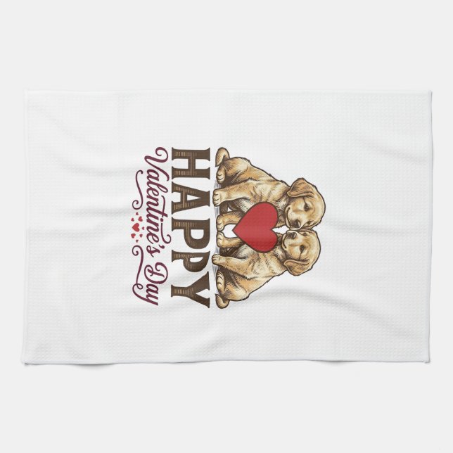 Linge De Cuisine Golden Retriever Joyeuse Saint-Valentin (Horizontal)