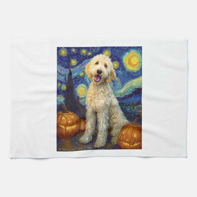 Linge De Cuisine Goldendoodle Chien Mignon Halloween Jack O Lantern (Horizontal)