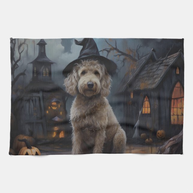 Linge De Cuisine Goldendoodle Citrouille Halloween effrayant (Horizontal)