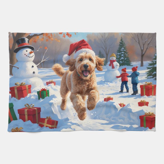 Linge De Cuisine Goldendoodle Courir en neige avec Casquette de Noë (Horizontal)