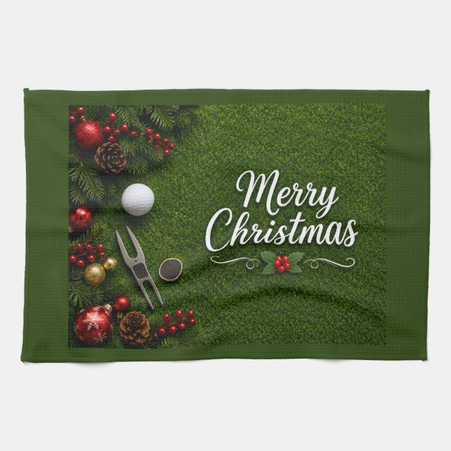 Linge De Cuisine Golf sur gazon vert thème de Noël (Horizontal)