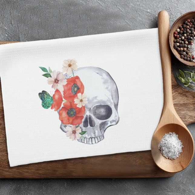 Linge De Cuisine Goth du crâne floral (Boho Halloween Skull Towel)
