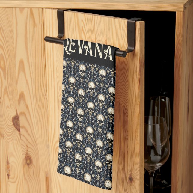 Linge De Cuisine Goth Skuls avec Floral Bleu (Pliage en tiers)