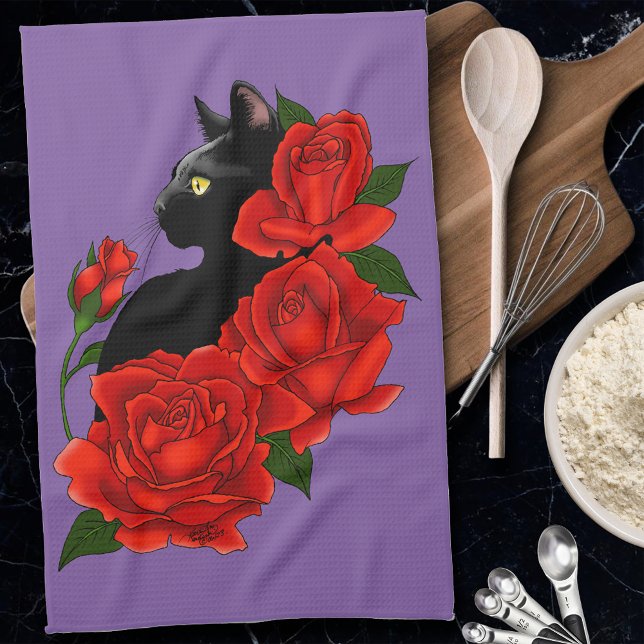 Linge De Cuisine Gothique Chat Noir Roses Rouges Violet (Créateur téléchargé)