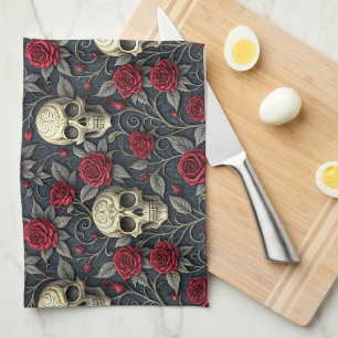 Linge De Cuisine Gothique Crâne Vintage et Roses Rouges Floral