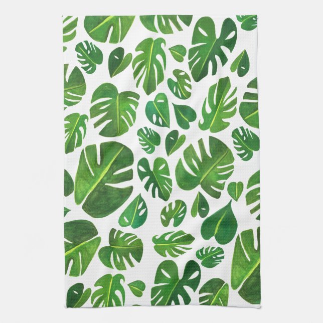 Linge De Cuisine Gouache verte Feuille de Monstera plantes tropicau (Vertical)