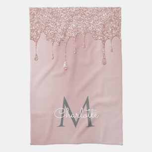Linge De Cuisine Gouttes de paillettes roses Monogramme Écriture fé