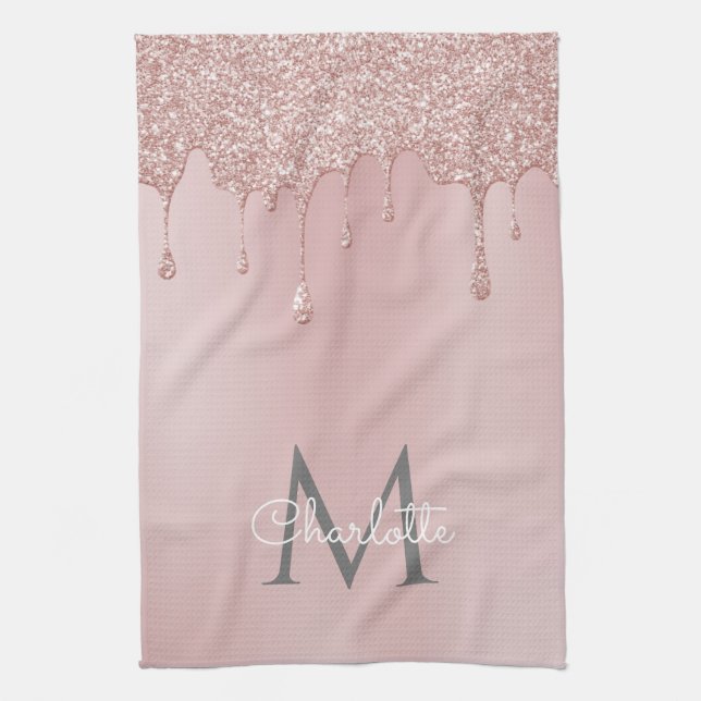Linge De Cuisine Gouttes de paillettes roses Monogramme Écriture fé (Vertical)