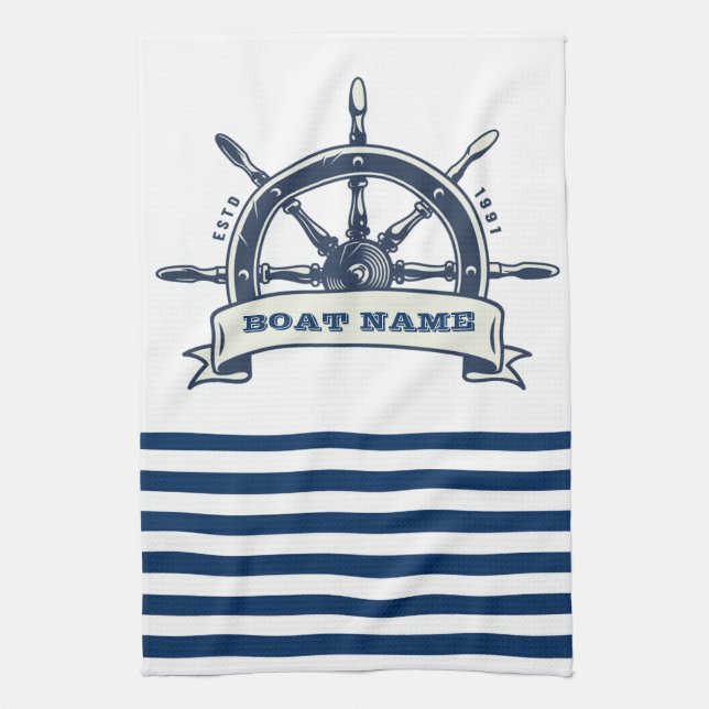 Linge De Cuisine Gouvernail de bateau nautique, rayures blanches et (Vertical)