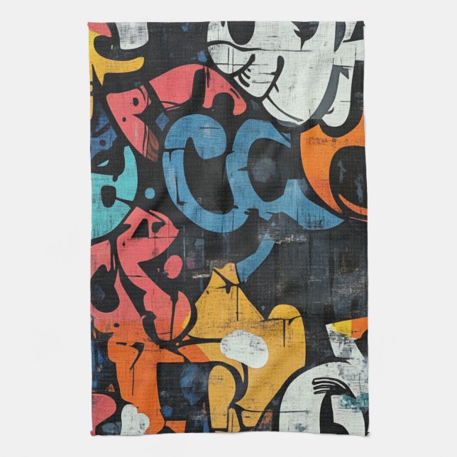 Linge De Cuisine Graffiti Abstrait Contemporain Rose Bleu Noir (Vertical)